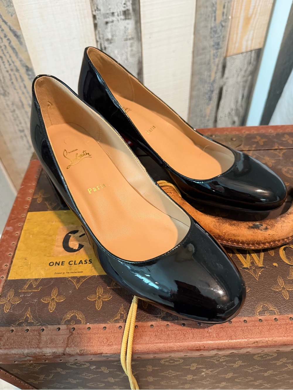 CL Black Patent Round-Toe Pumps